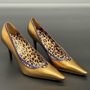 Dolce & Gabbana Gold Pumps Heels with Purple Trim & Leopard Interior 39.5, 9.5US